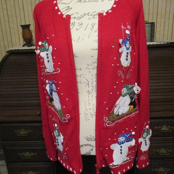 Holiday Red Zippered Sweater w/Appliqued Snowman, Pearls, Sequins & Embroidery - Picture 1 of 4